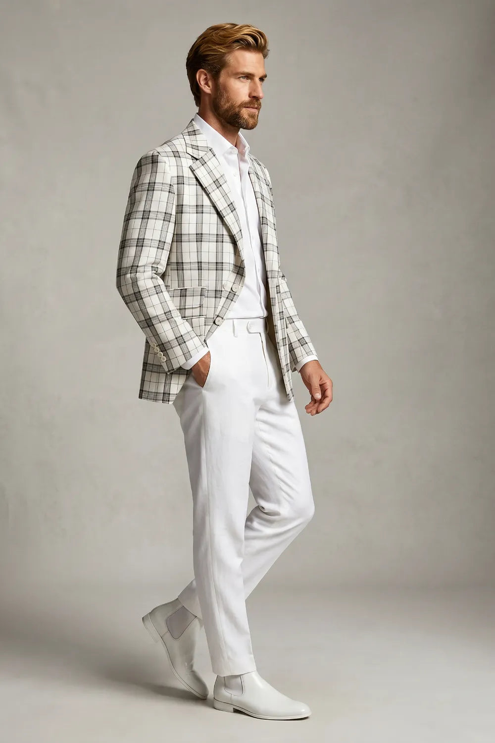 Men's Modern White Plaid 2 Piece Suit