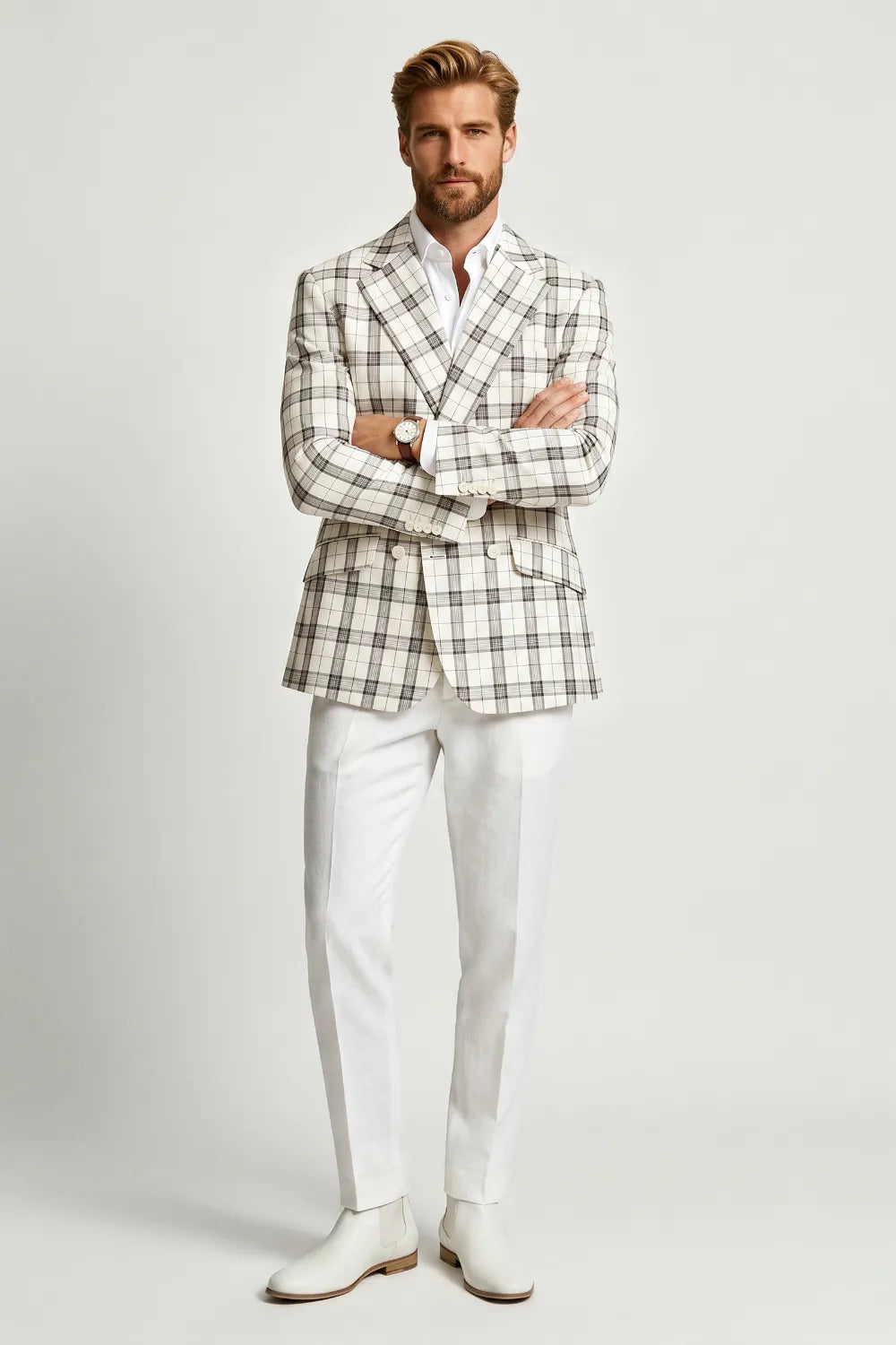 Men's Modern White Plaid 2 Piece Suit