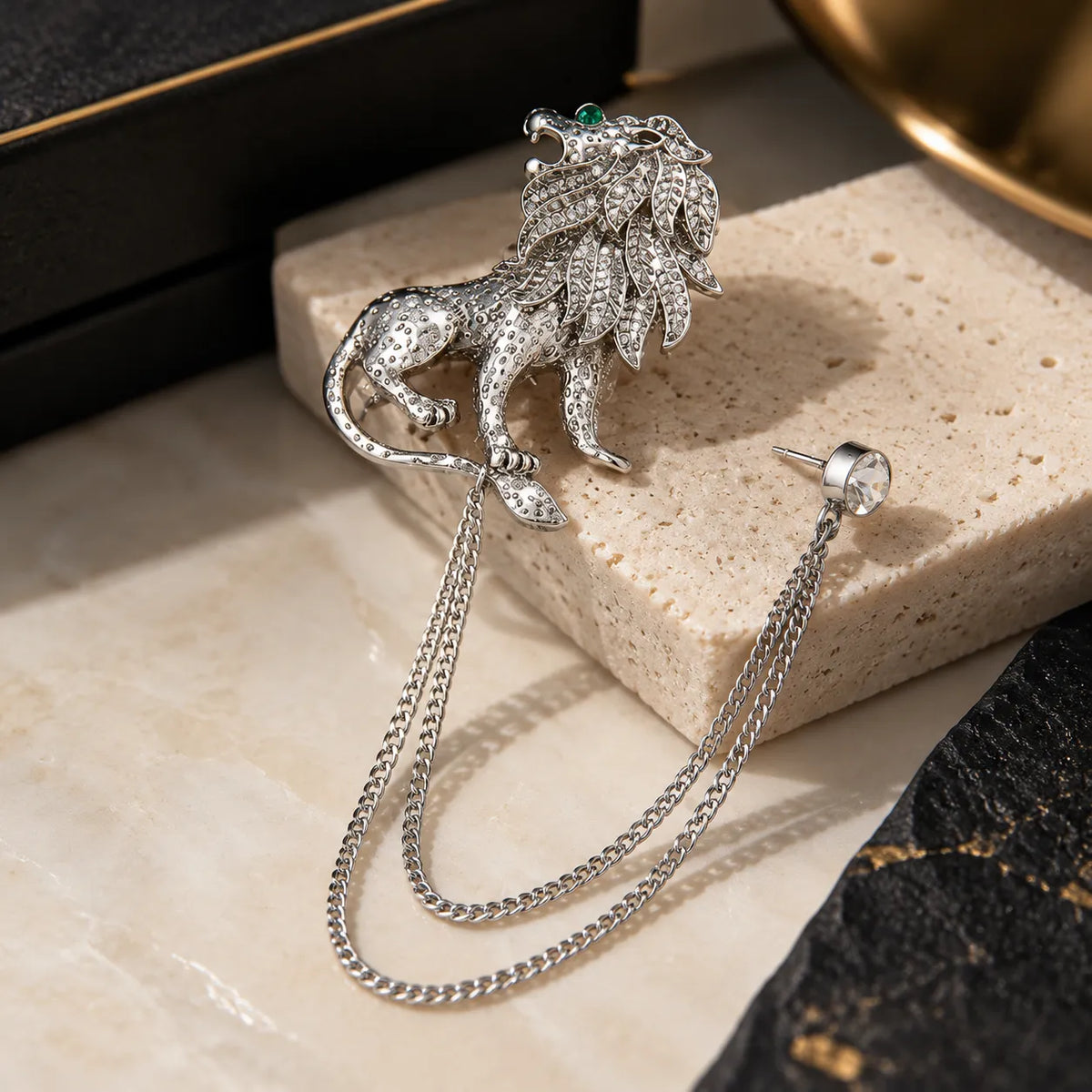 Men's Lion Lapel Pin with Decorative Chain