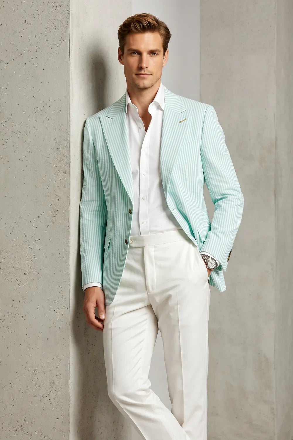 Men's Mint Green Striped Peak Lapel Seersucker Blazer