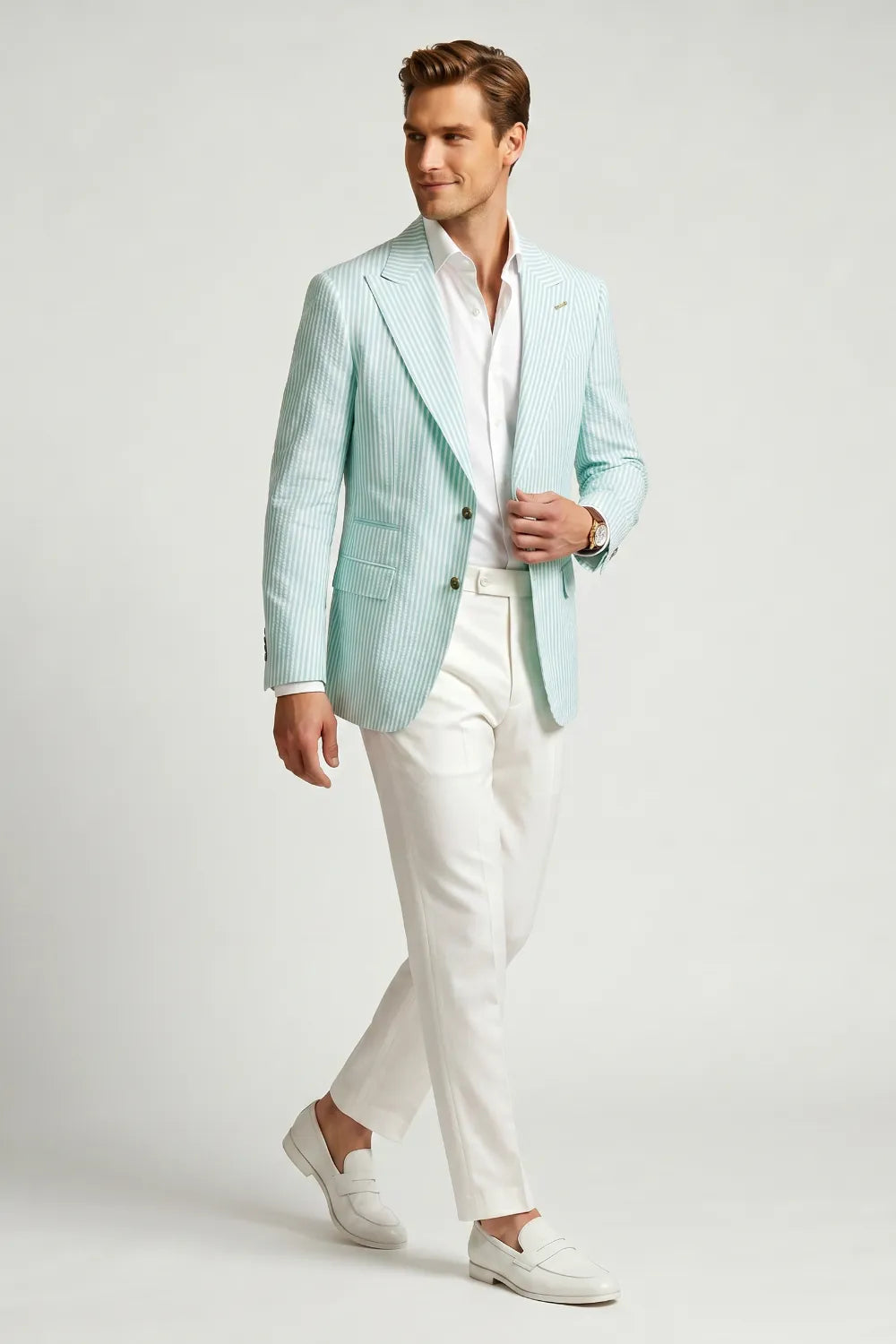 Men's Mint Green Striped Peak Lapel Seersucker Blazer