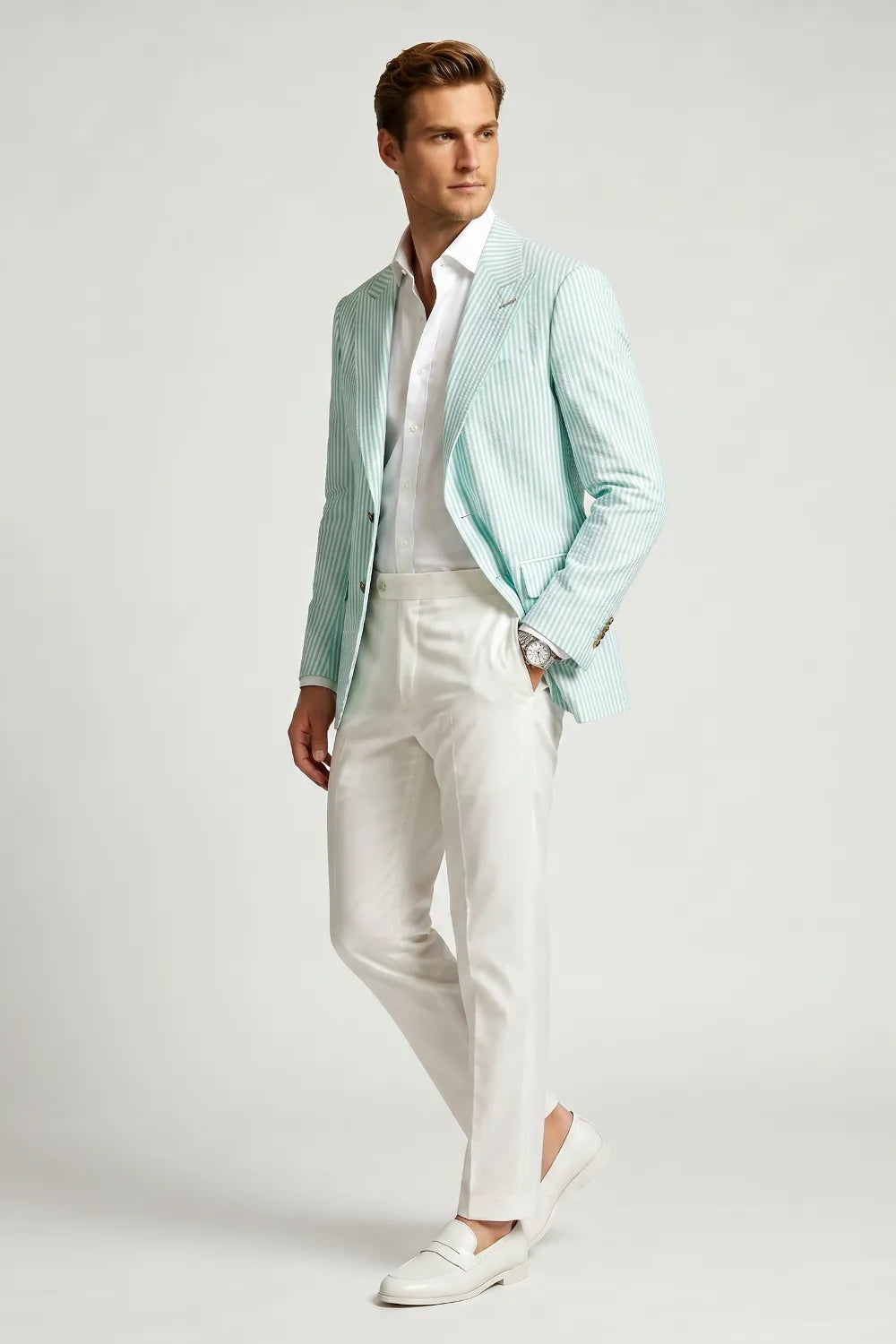Men's Mint Green Striped Peak Lapel Seersucker Blazer