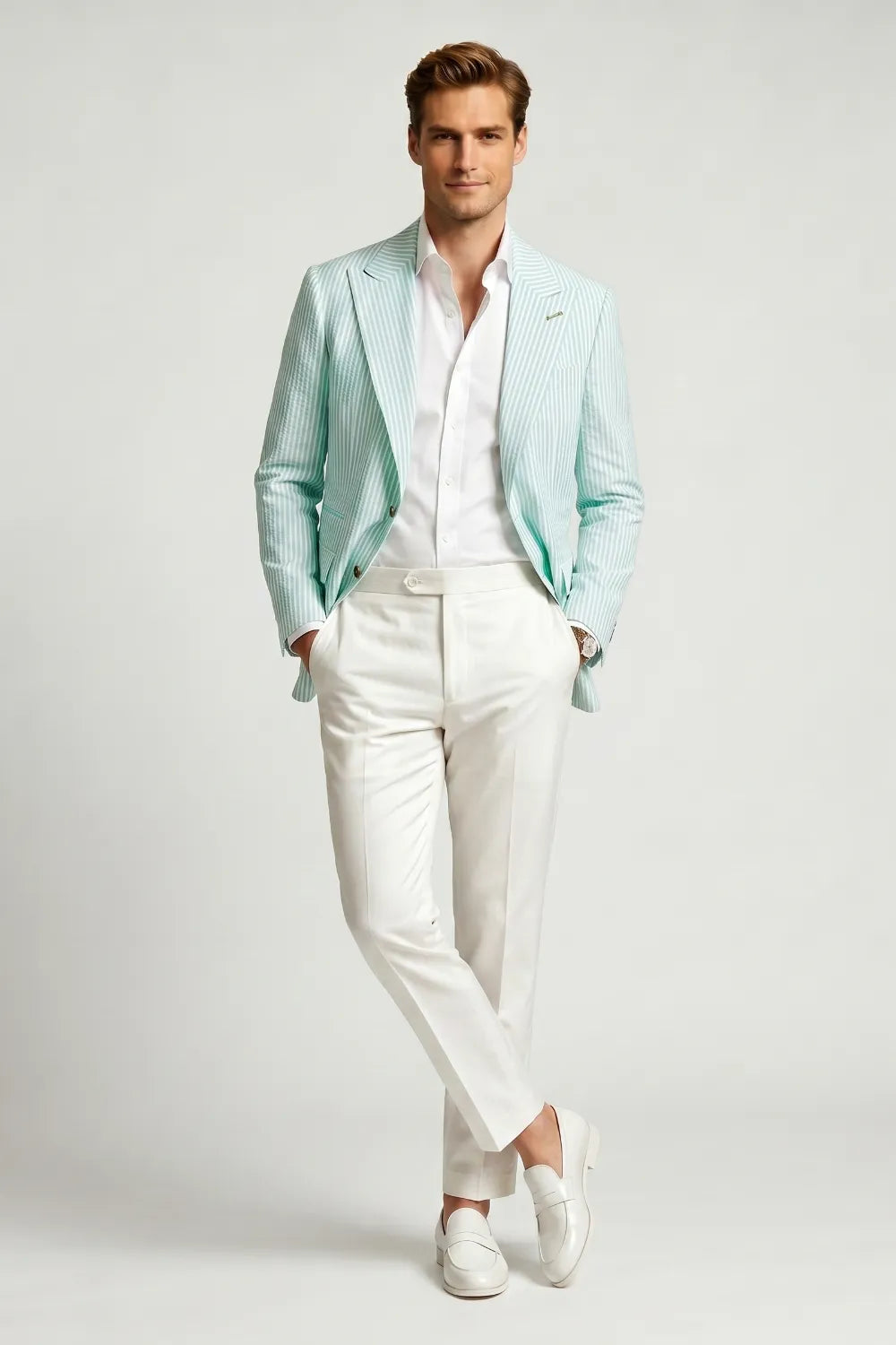 Men's Mint Green Striped Peak Lapel Seersucker Blazer