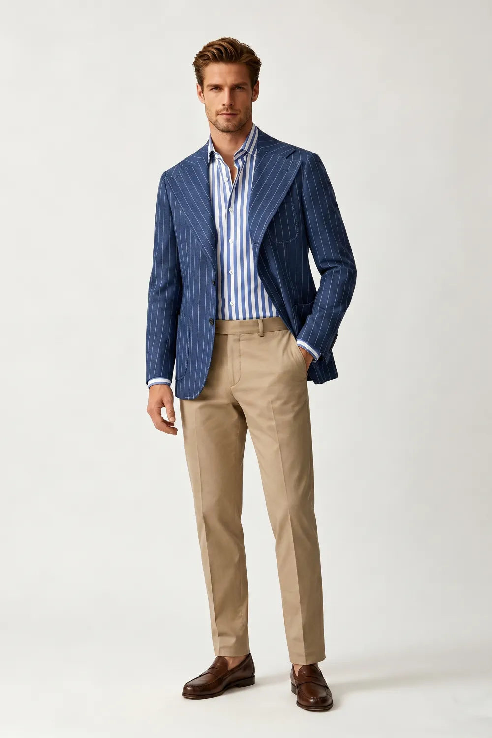 Men's Navy Blue Pinstripe Wide Notch Lapel 2 Piece Suit