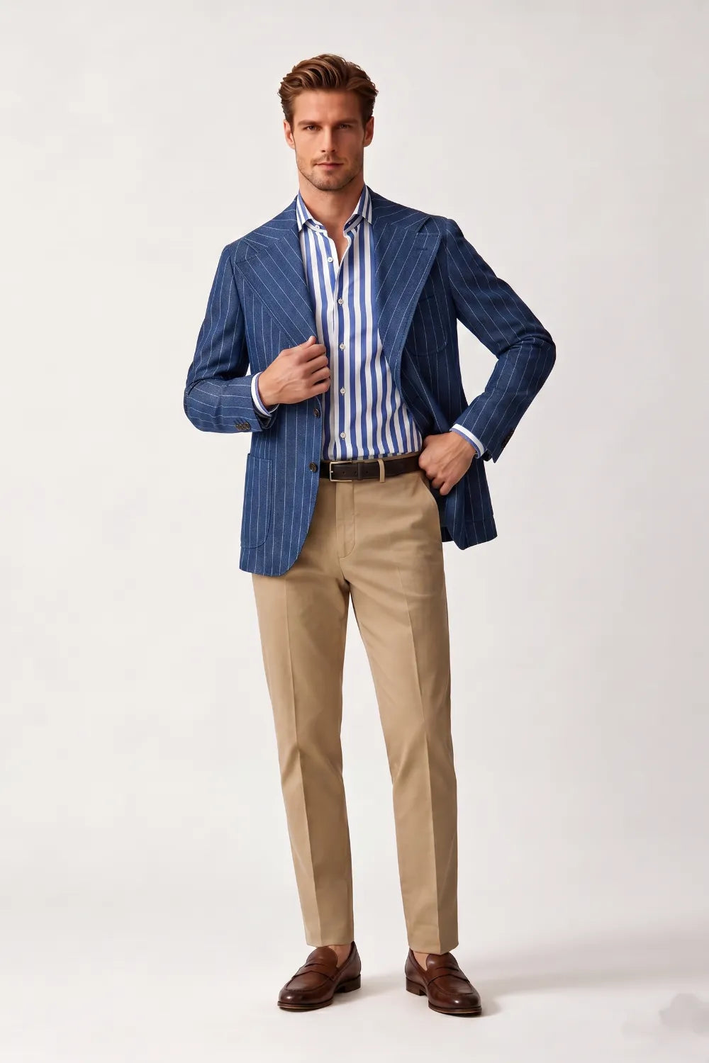 Men's Navy Blue Pinstripe Wide Notch Lapel 2 Piece Suit