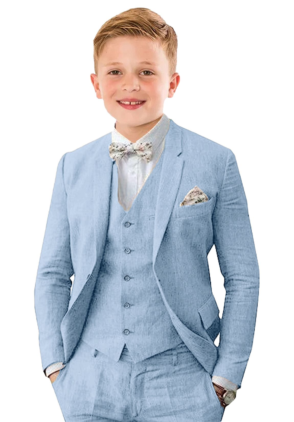 Sky Blue 3 piece boys linen suit with vest and bow tie – sleek formal summer outfit