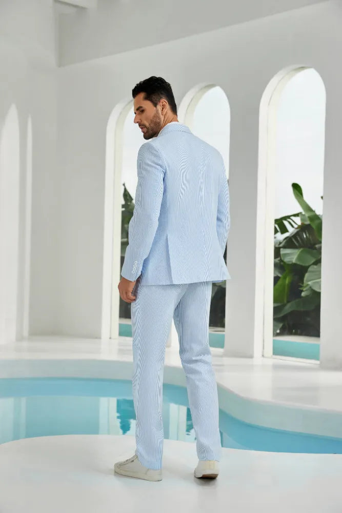 Back display of upgraded sky blue double-breasted seersucker suit for summer