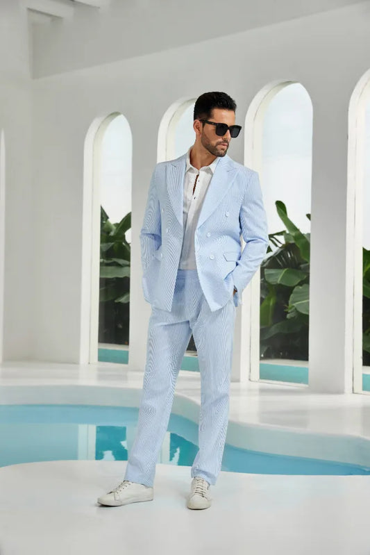 Sky blue seersucker double-breasted summer suit with blazer and pants set