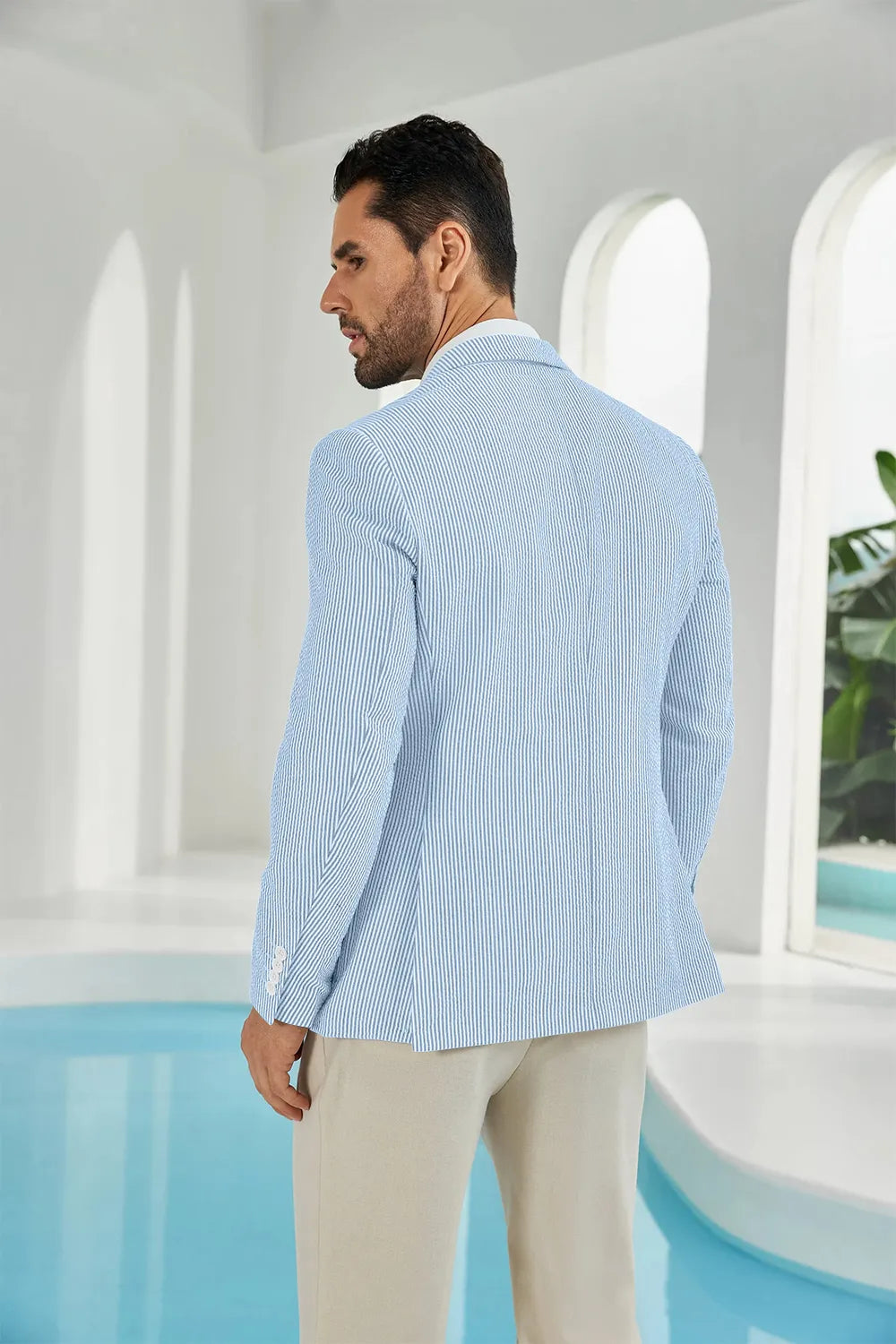 Sky blue-white seersucker striped men's summer blazer back display