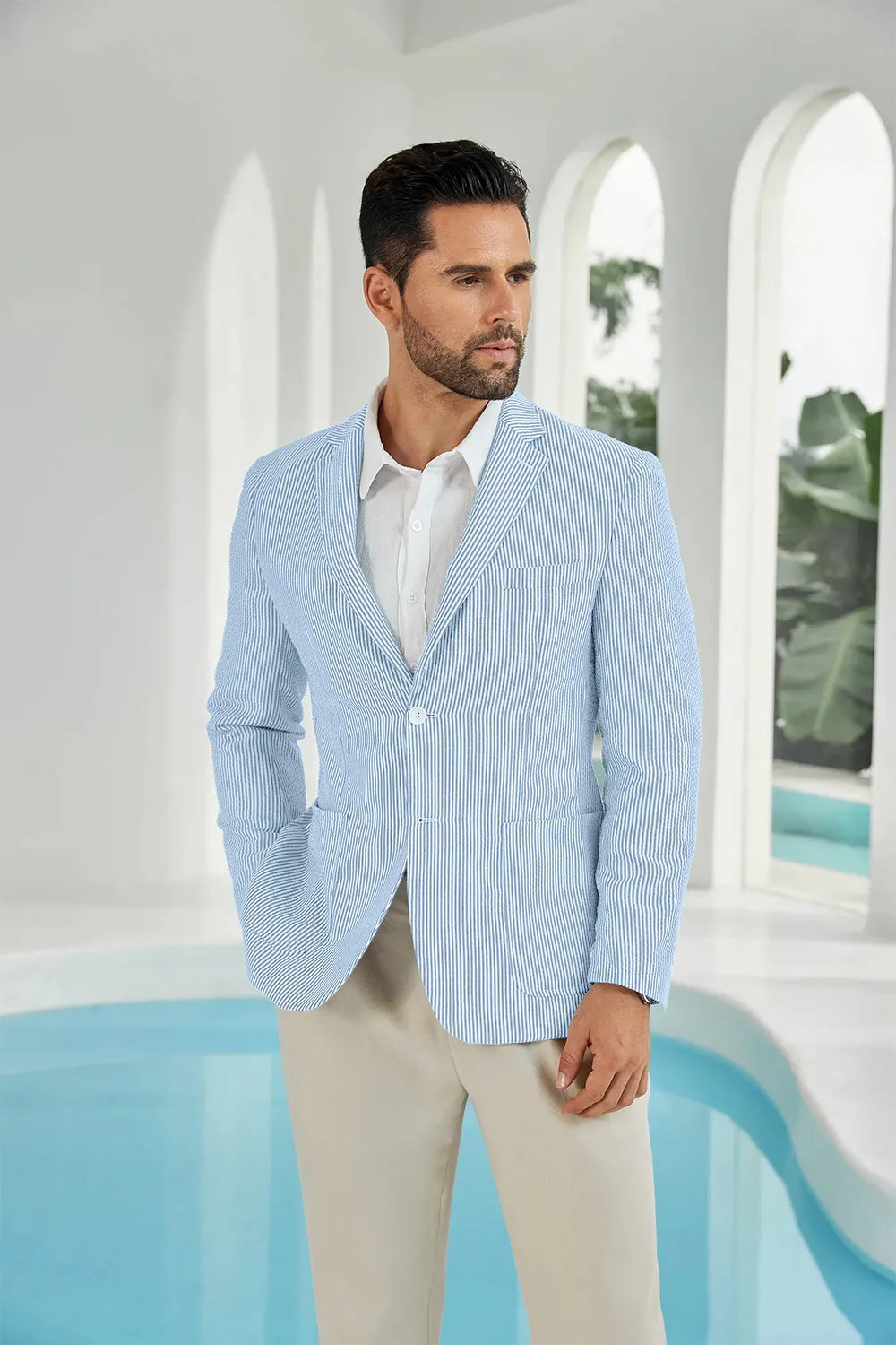 Sky blue-white seersucker striped men's summer blazer close up