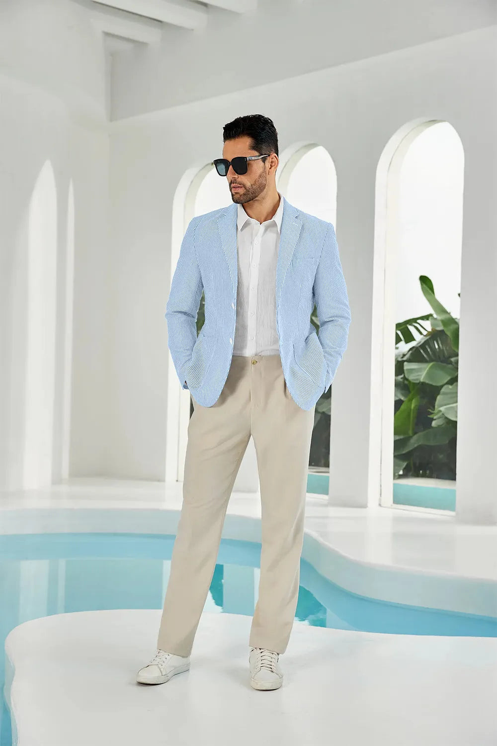 Sky blue-white seersucker striped men's summer blazer front display