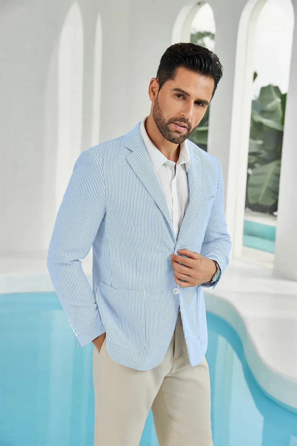 Sky blue-white seersucker striped men's summer blazer