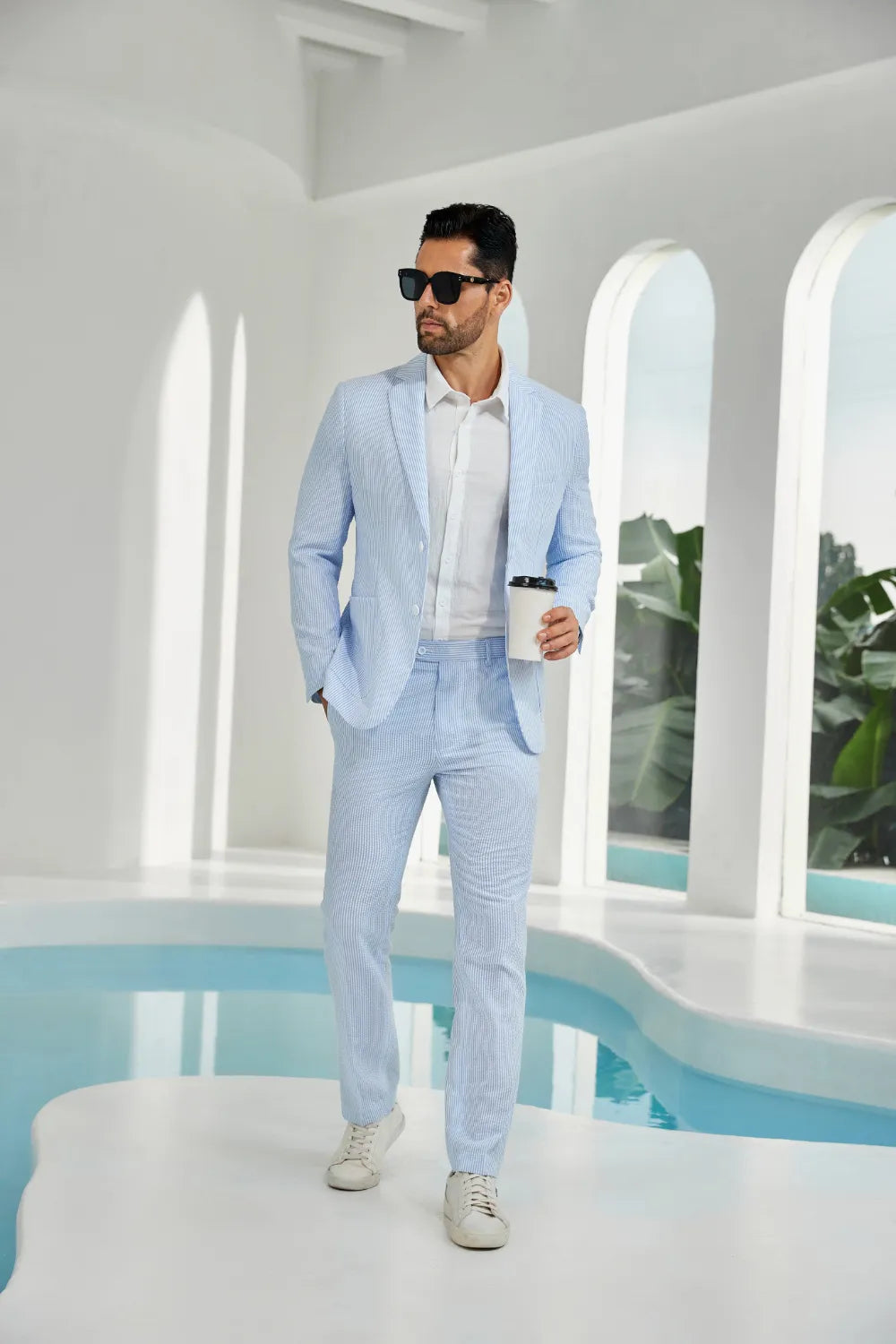 Sky blue-white seersucker striped blazer pants 2 piece men's summer suit upgrade version front display