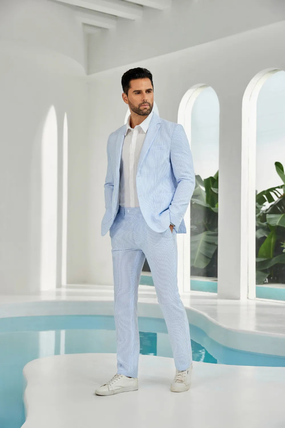 Sky blue-white seersucker striped blazer pants 2 piece men's summer suit upgrade version on model
