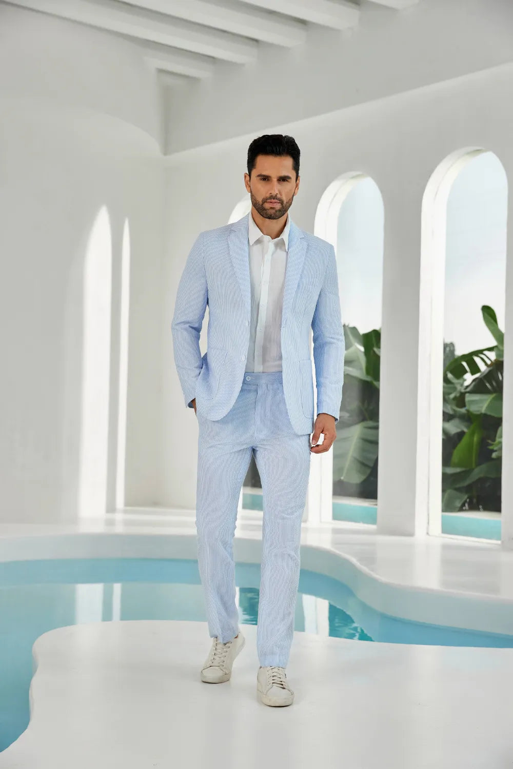 Sky blue-white seersucker striped blazer pants 2 piece men's summer suit upgrade version