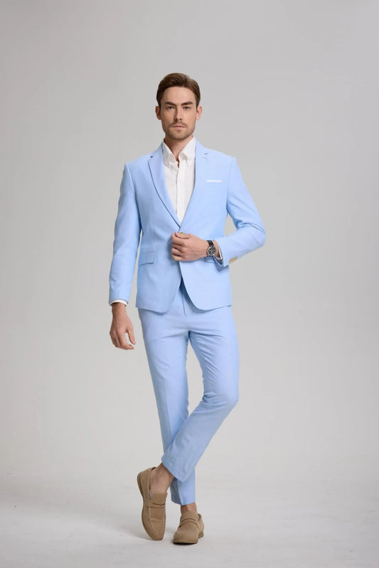front view of men's blue casual slim fit 2-piece suit with modern blazer and pants, perfect for smart-casual occasions.