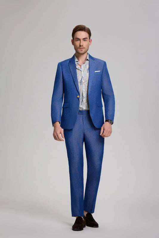 front view of men's royal blue casual slim fit 2-piece suit featuring notch lapel blazer and trousers, perfect for smart-casual or business events.