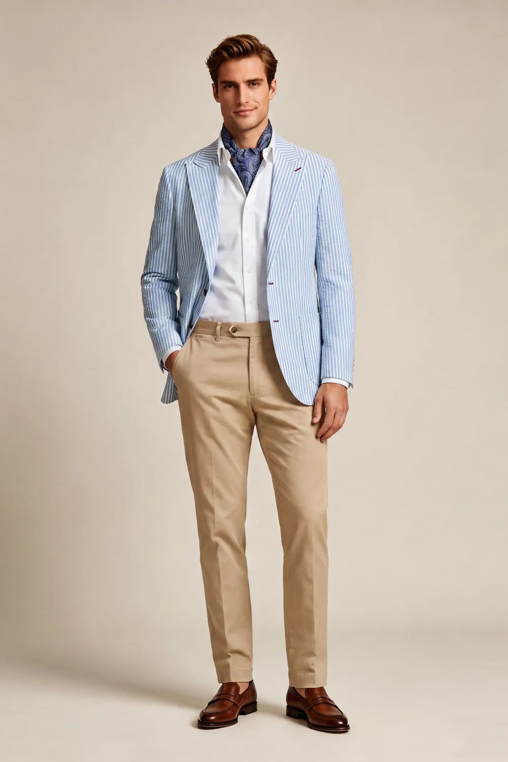 Men's Light Blue Striped Seersucker Peak Lapel 2 Piece Suit
