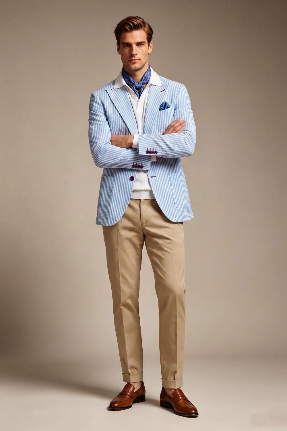 Men's Light Blue Striped Seersucker Peak Lapel 2 Piece Suit