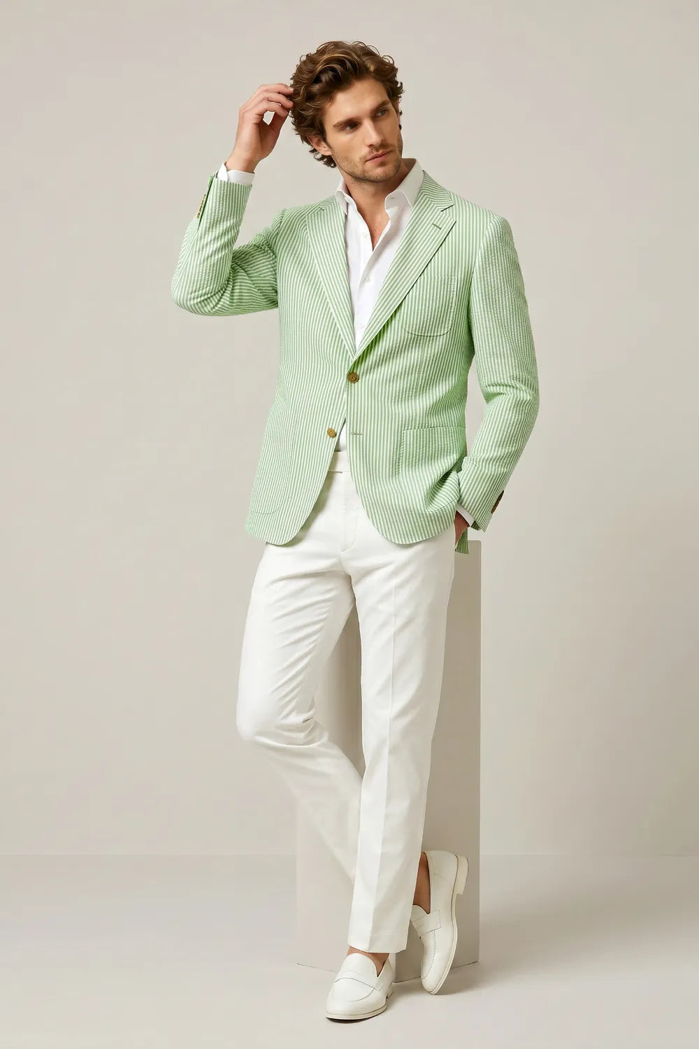 Men's Light Green Striped Notch Lapel Seersucker Blazer