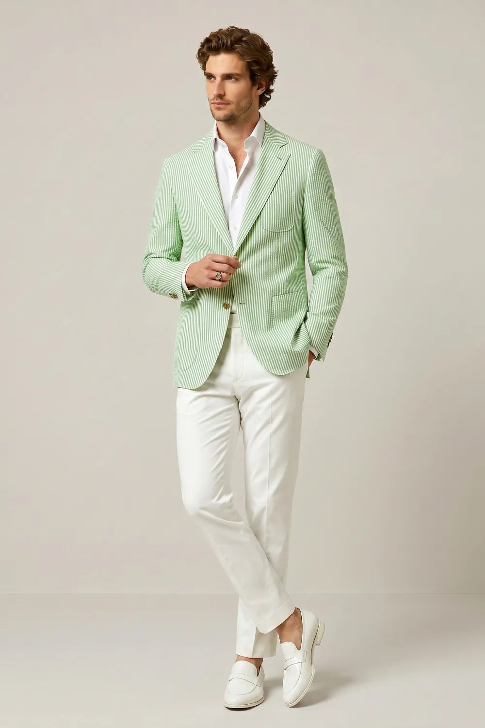 Men's Light Green Striped Notch Lapel Seersucker Blazer