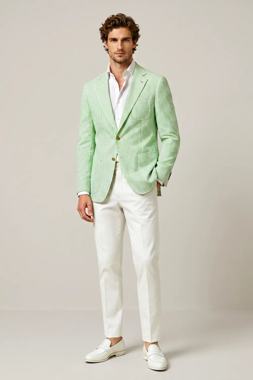 Men's Light Green Striped Notch Lapel Seersucker Blazer