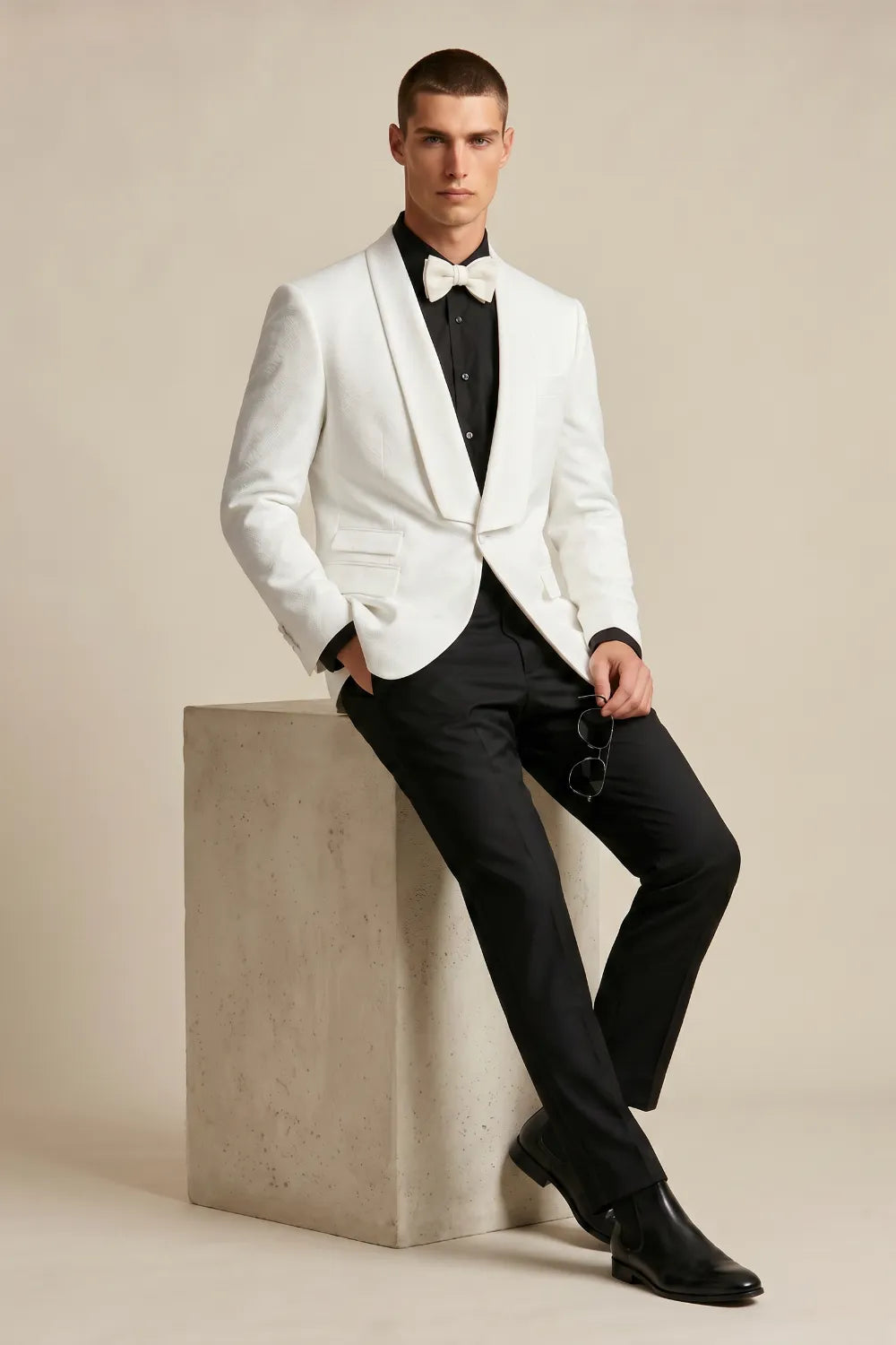 Men's White Jacquard Shawl Lapel 2-Piece Tuxedo Suit