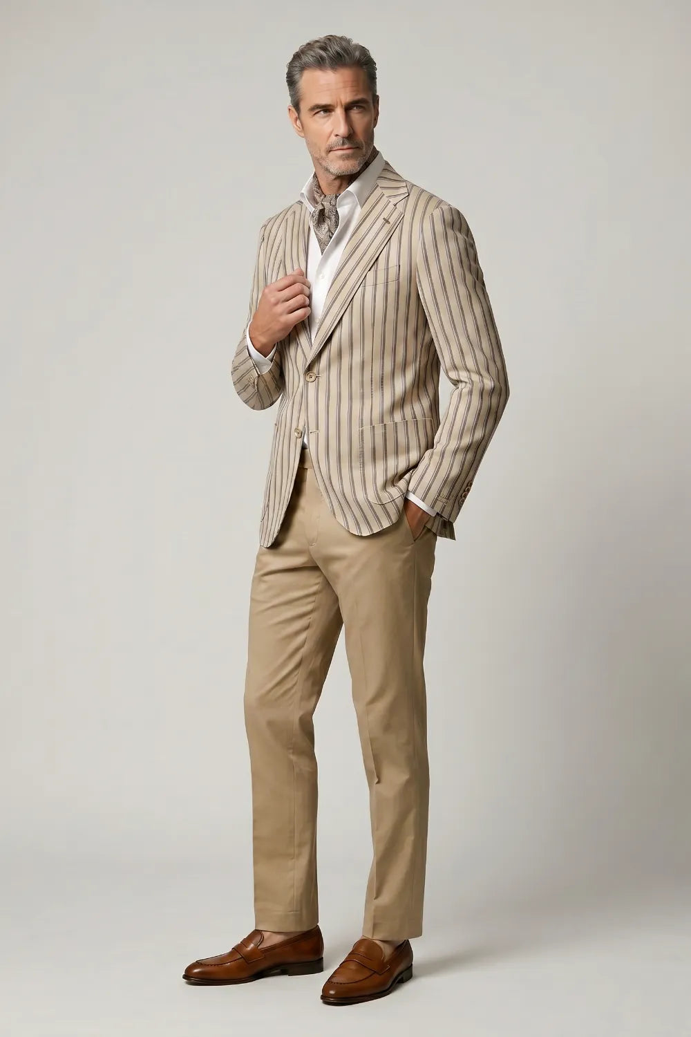 Men's Beige Striped Notch Lapel Slim Fit Blazer