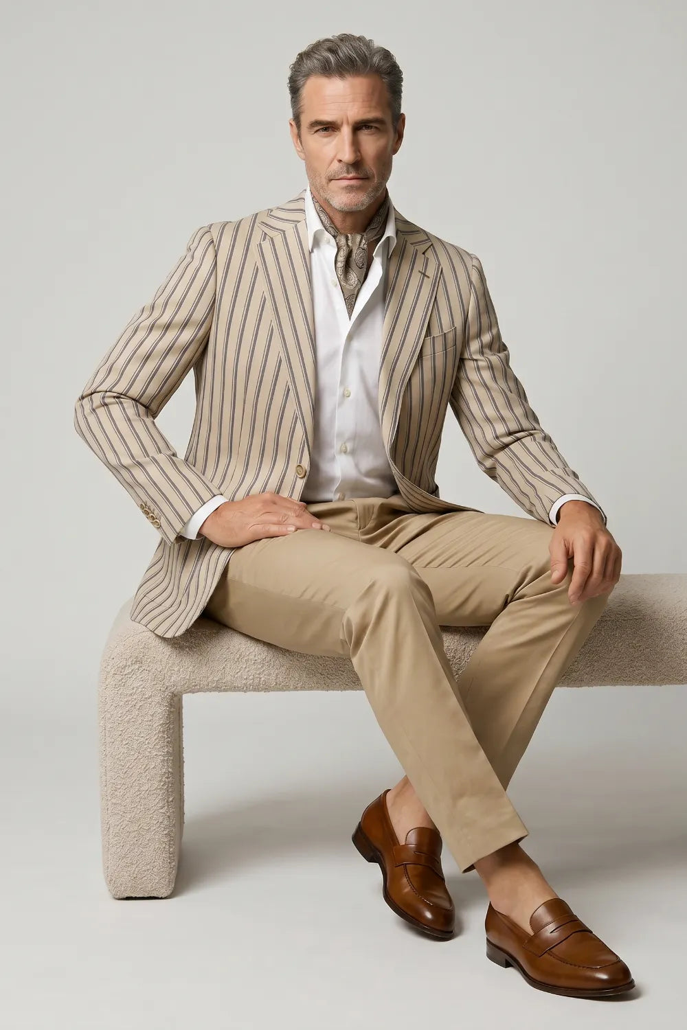 Men's Beige Striped Notch Lapel Slim Fit Blazer