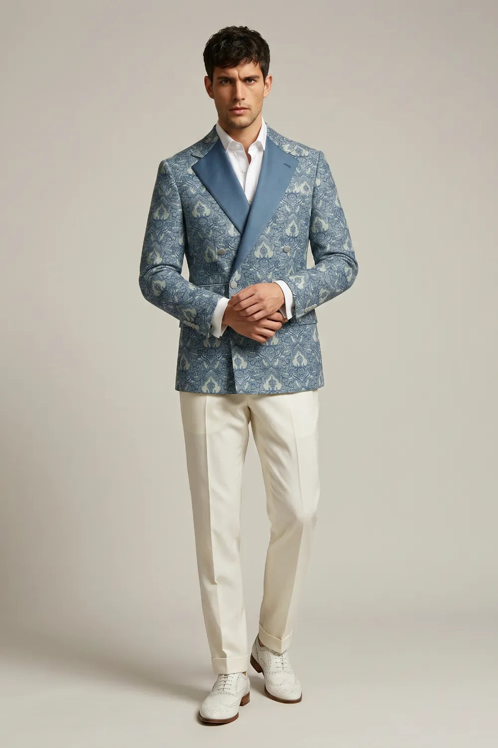 Men's Dusty Blue Damask Jacquard Double Breasted 2-Piece Suit