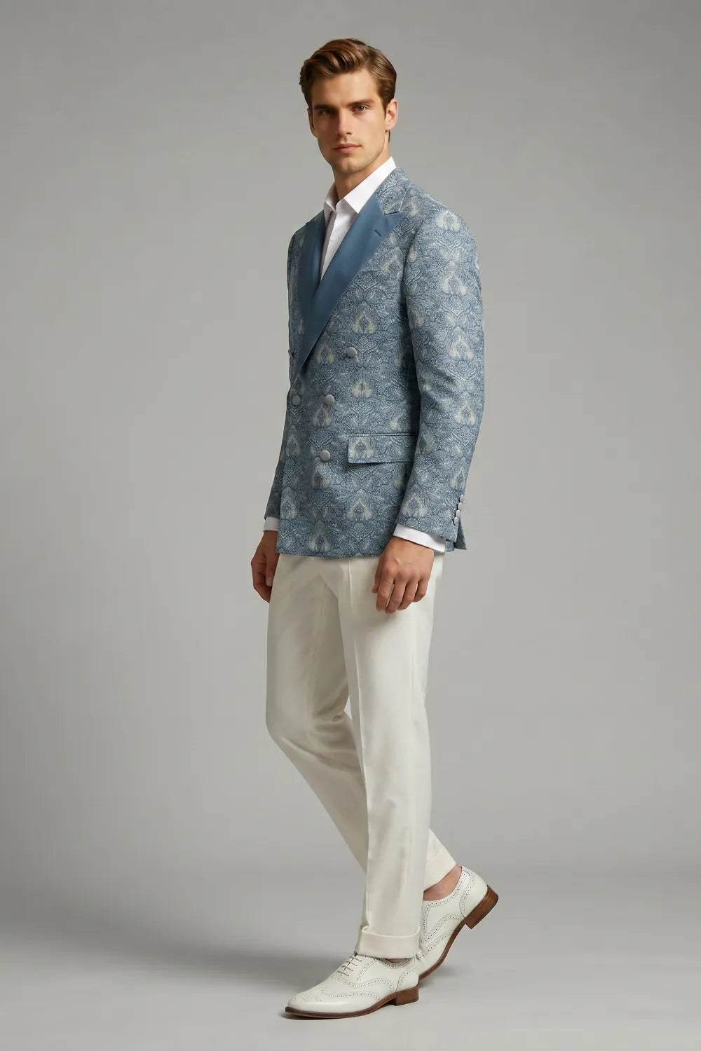 Men's Dusty Blue Damask Jacquard Double Breasted 2-Piece Suit