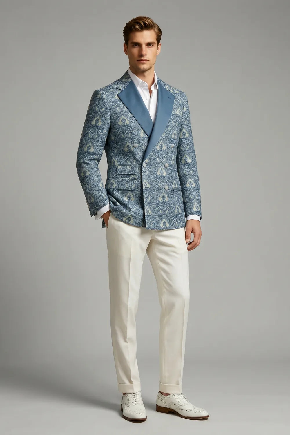 Men's Dusty Blue Damask Jacquard Double Breasted 2-Piece Suit