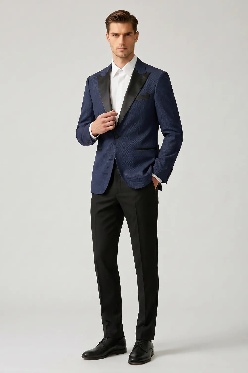 Men's Navy Blue Satin Peak Lapel Slim Fit 2-Piece Tuxedo Suit