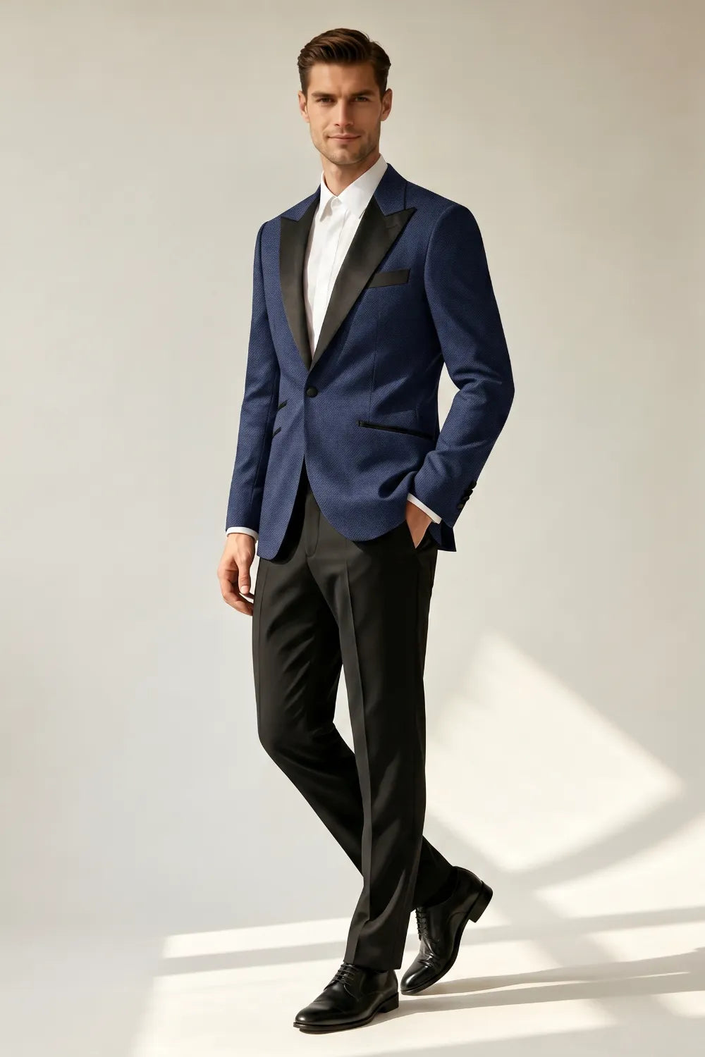 Men's Navy Blue Satin Peak Lapel Slim Fit 2-Piece Tuxedo Suit