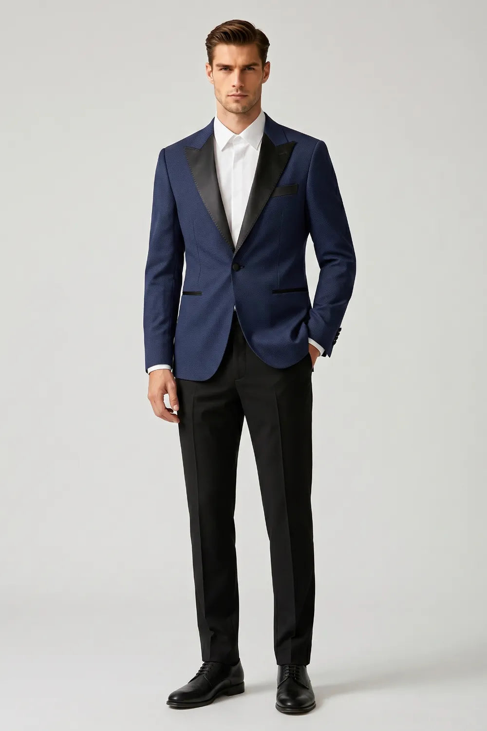 Men's Navy Blue Satin Peak Lapel Slim Fit 2-Piece Tuxedo Suit