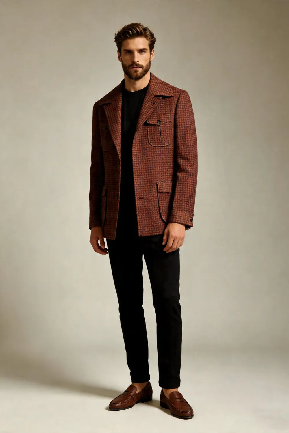 Men's Rust Brown Houndstooth Wide Lapel 2 Piece Suit