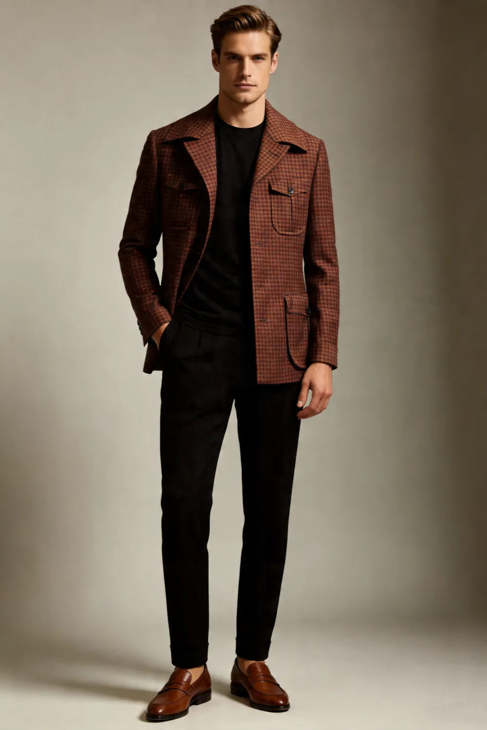 Men's Rust Brown Houndstooth Wide Lapel 2 Piece Suit