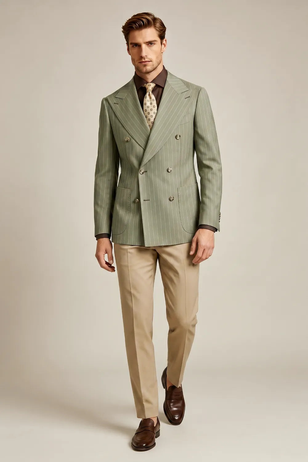 Men's Sage Green Pinstripe Double Breasted 2 Piece Suit