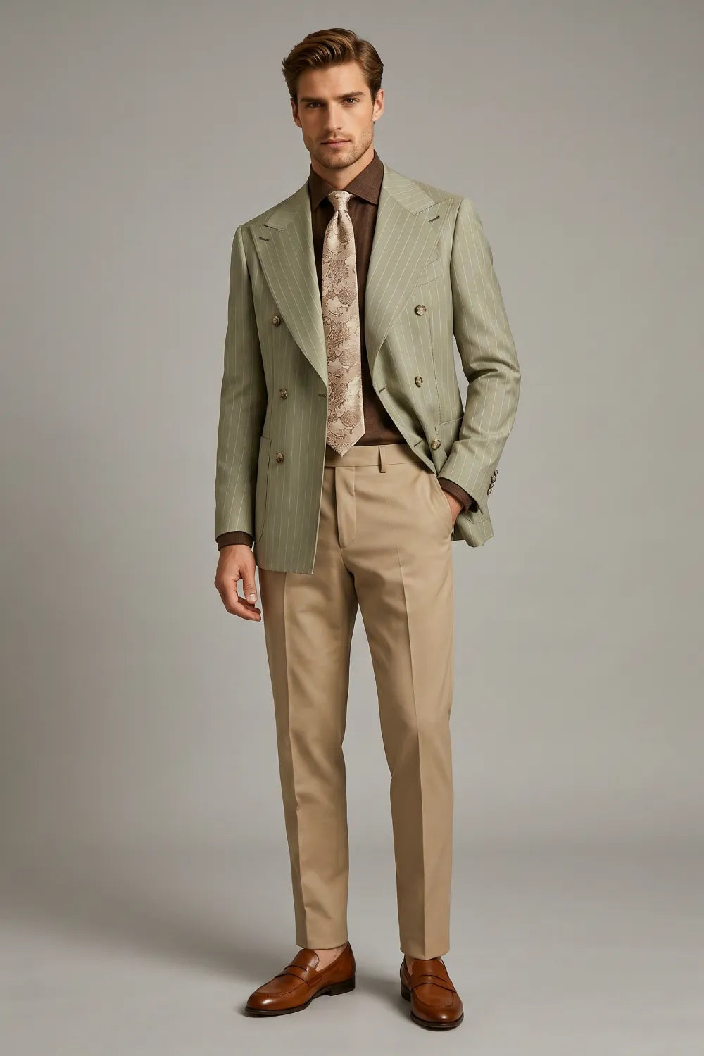 Men's Sage Green Pinstripe Double Breasted 2 Piece Suit