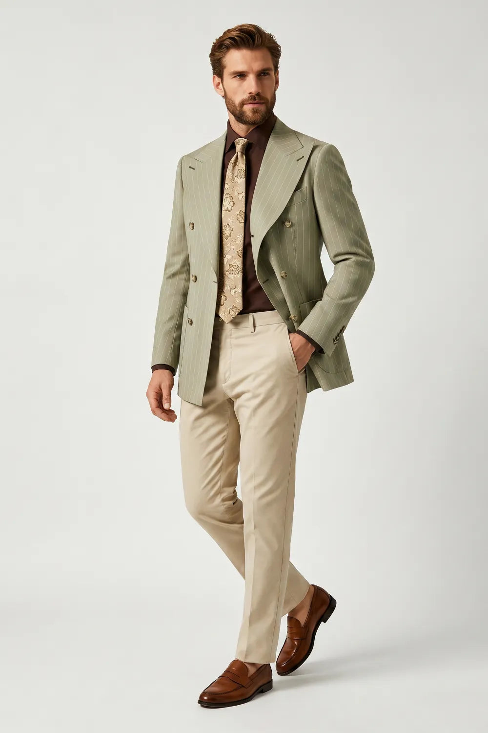 belle green dress Men's Sage Pinstripe Double Breasted 2 Piece Suit in stretch to stay Size:4XL- 20-20.5 X 36-37 Saint Paul Wedding | BODYCON SHORT DRESSES