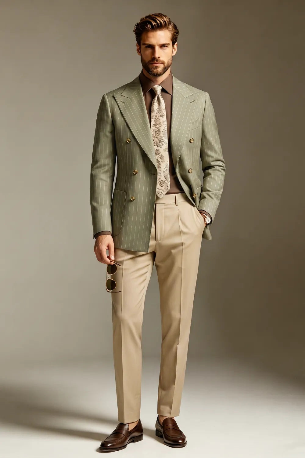 Men's Sage Green Pinstripe Double Breasted 2 Piece Suit