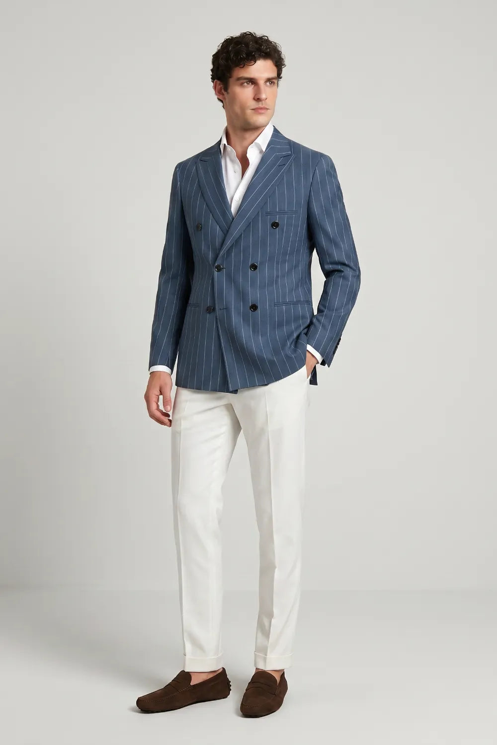 Men's Slate Blue Pinstripe Double Breasted Peak Lapel 2 Piece Suit