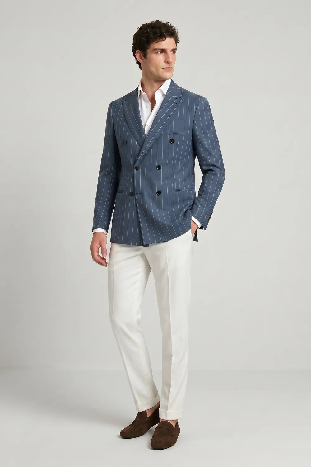 Men's Slate Blue Pinstripe Double Breasted Peak Lapel 2 Piece Suit