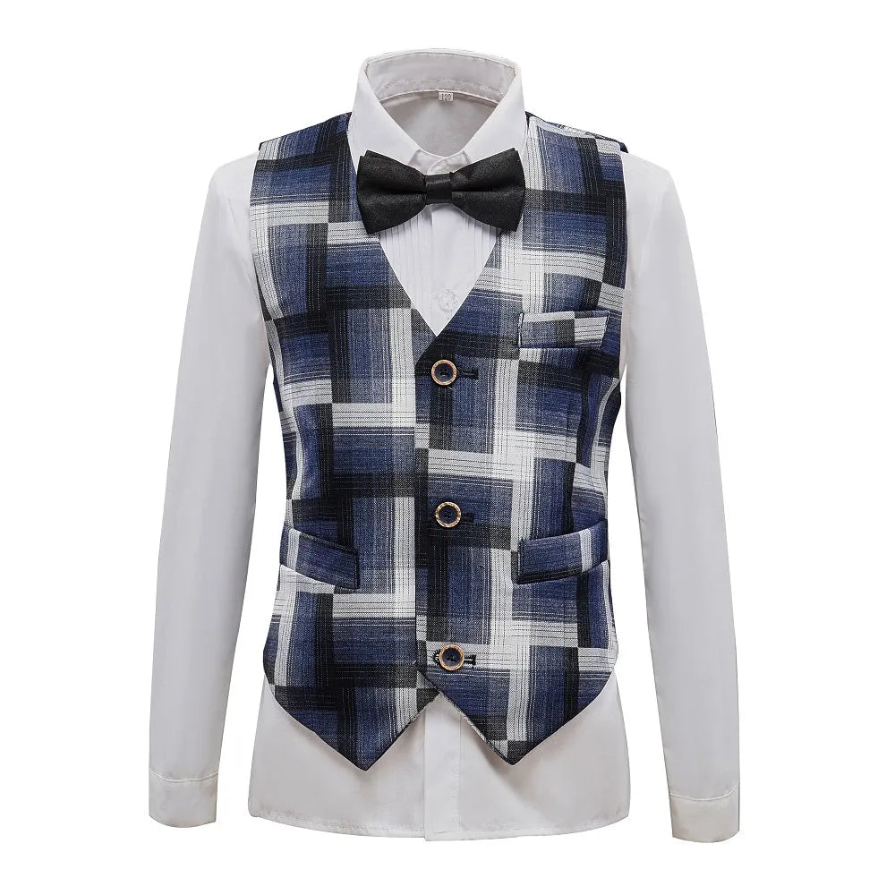 Boys vest with bold plaid print and black bow tie – unique suit piece for formal occasions