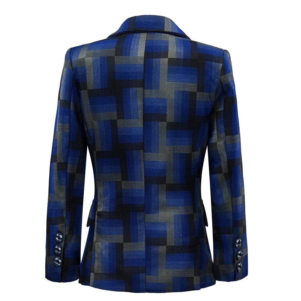 Back view of boys' blue print suit jacket with bold square pattern and button cuffs – formal partywear