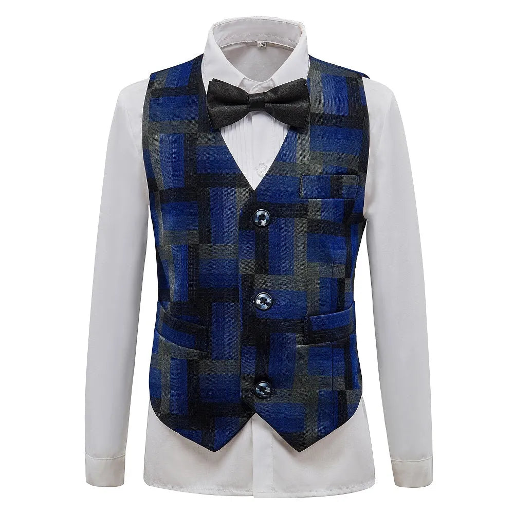 Boys' blue print vest with black bow tie and white shirt – formal kids outfit for weddings and parties