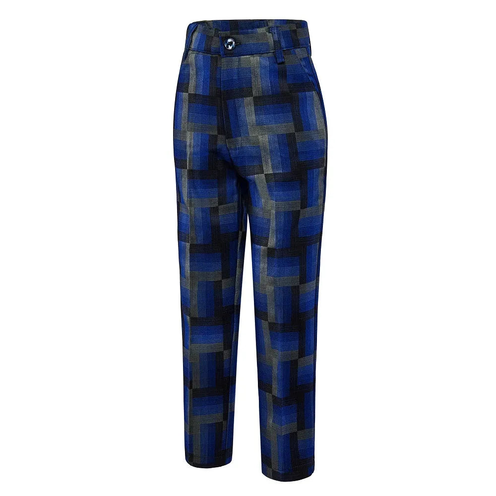 Blue printed boys' formal pants with geometric pattern and waistband – stylish trousers for parties or weddings