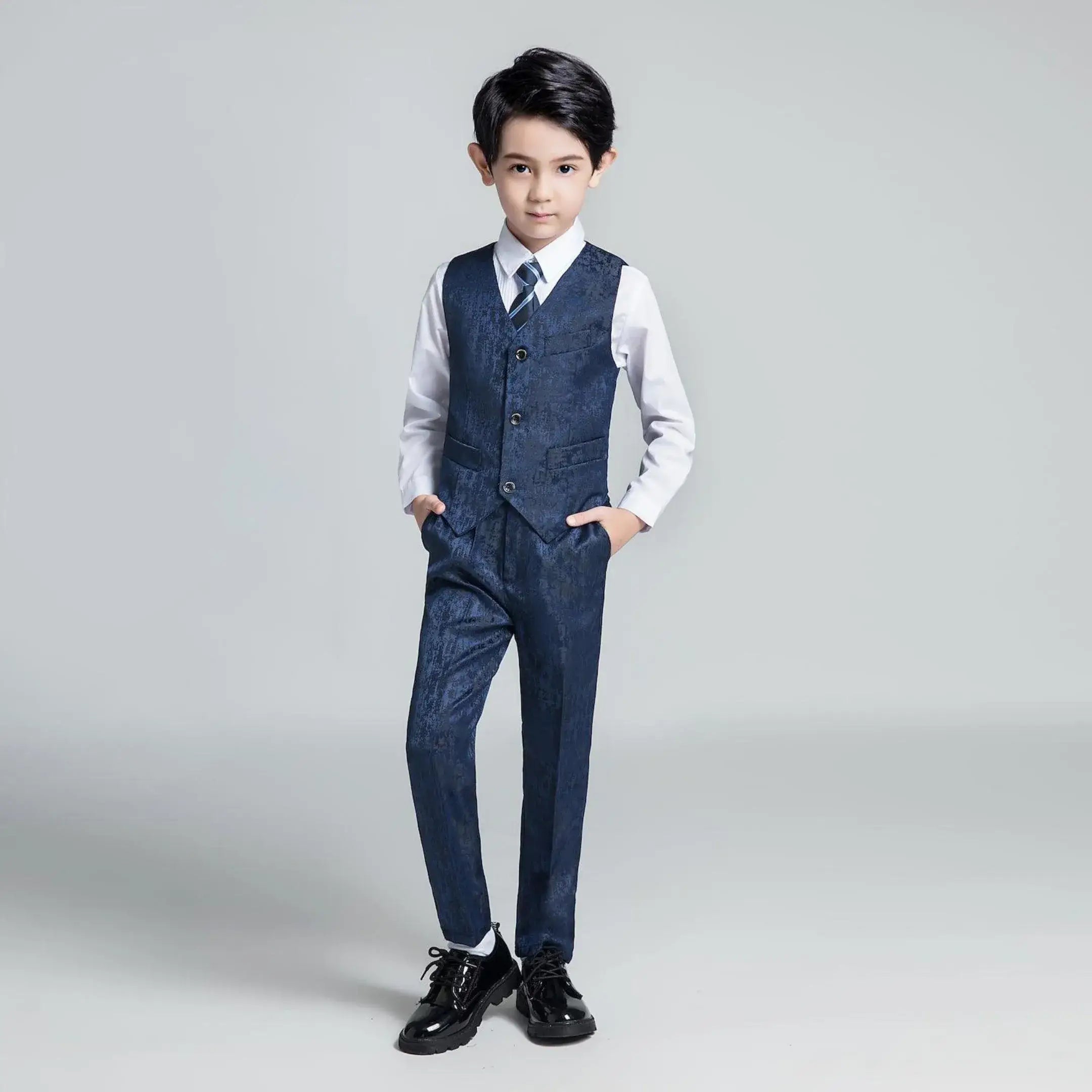 Slim fit boys' vest suit with navy texture and striped tie, formal outfit for weddings, events or stylish everyday wear