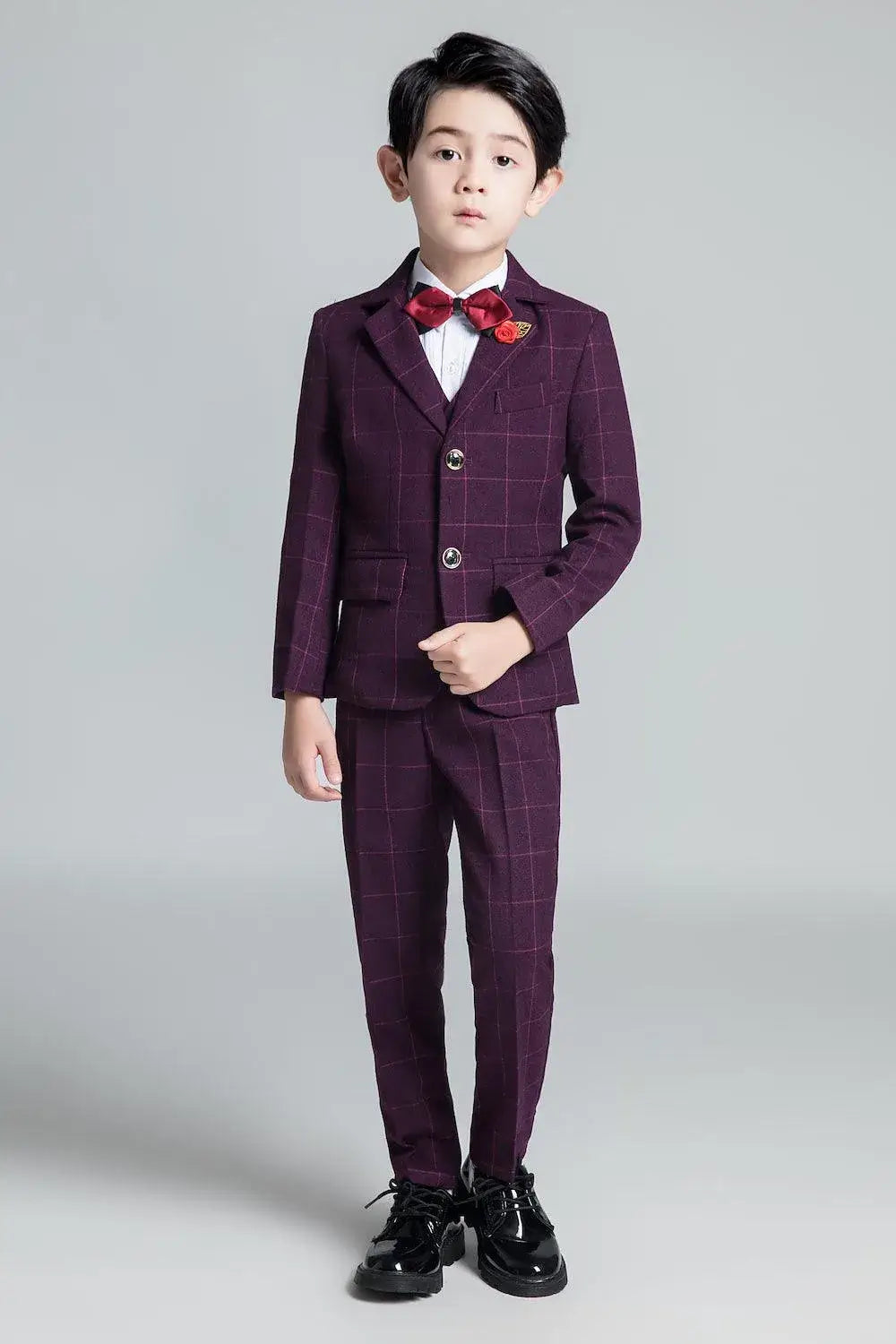 Boys' purple red plaid suit: 5-piece fashion outfit with red bow tie & rose lapel pin