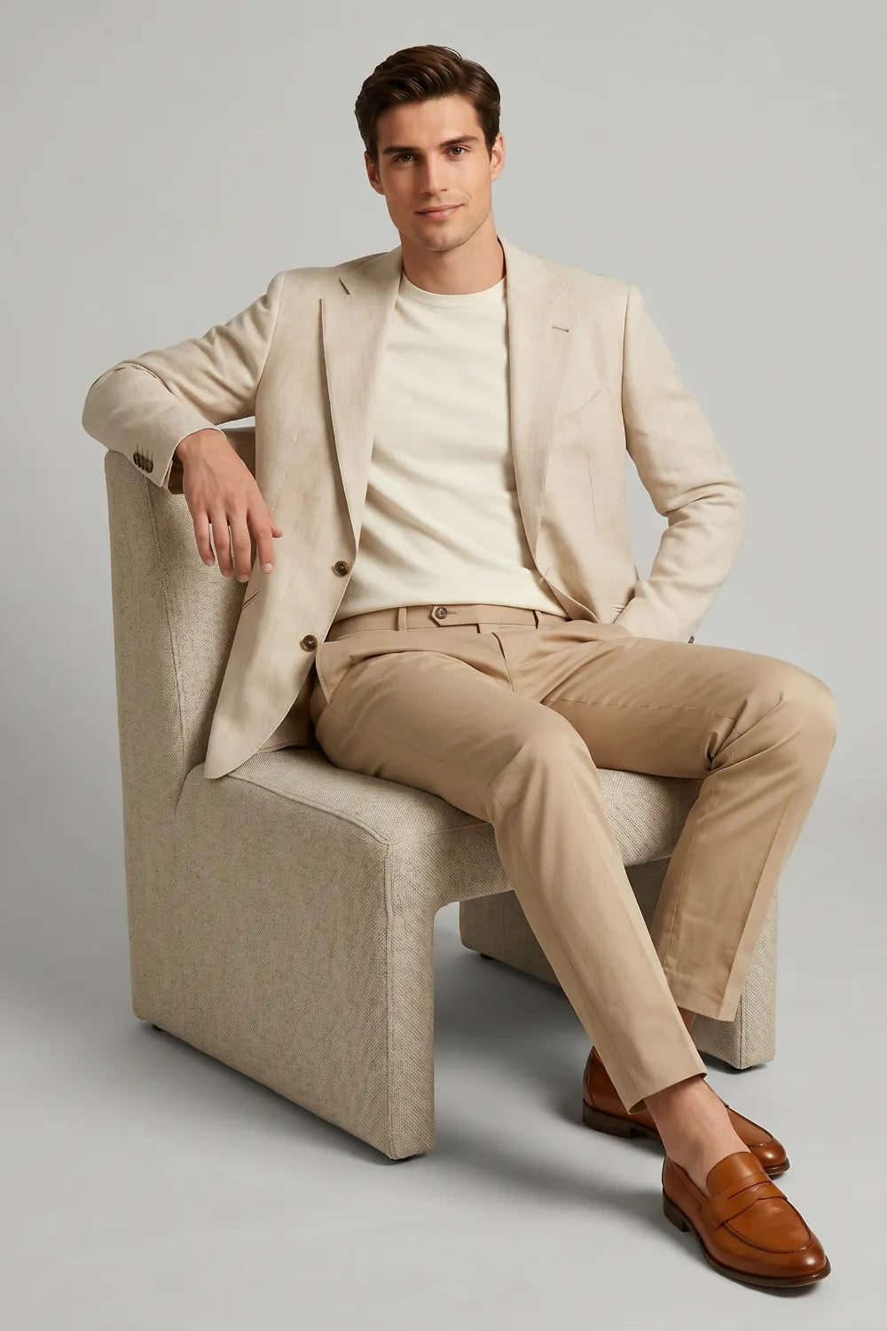 Men's Beige Wide Notch Lapel Linen Blend 2 Piece Suit